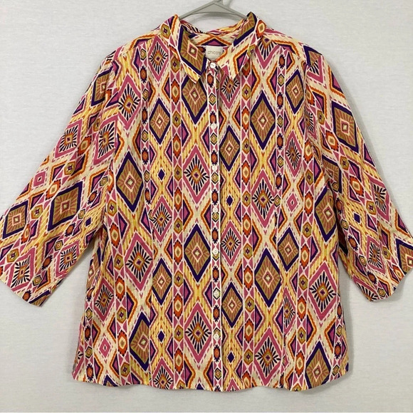 Chico's Multi Color Abstract No Iron 100% Linen Button Down XL 3 - Picture 1 of 10